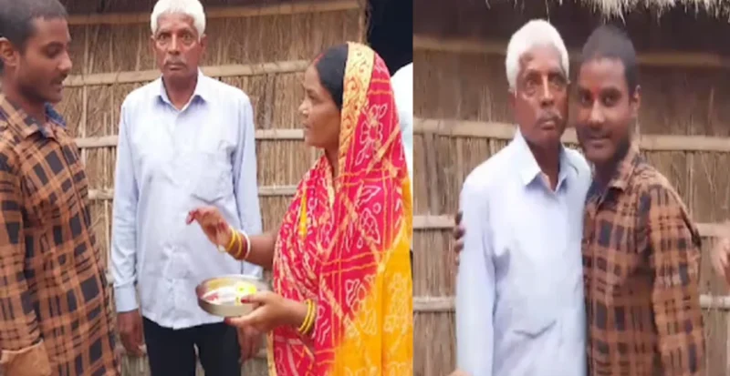 Abhishek Kumar taking blessings from his parents